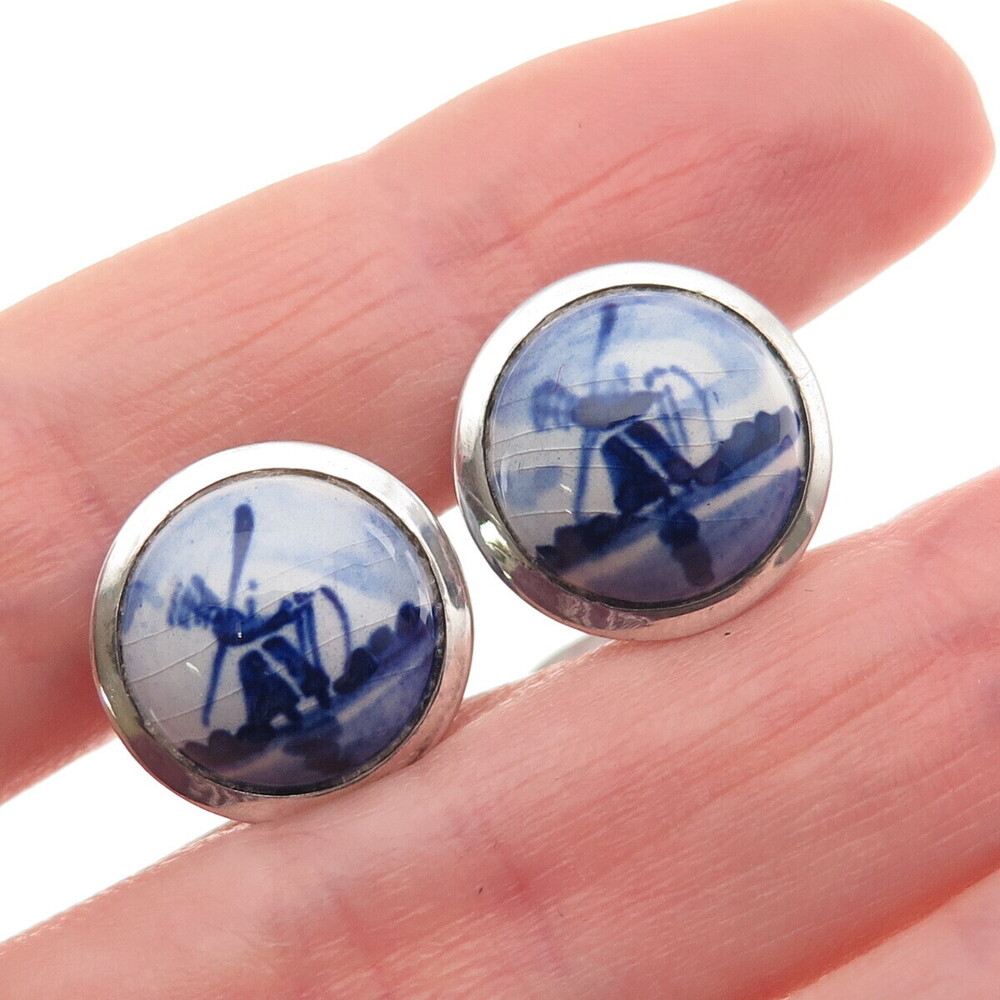 Delft GBS 835 Silver Vintage Dutch Ceramic Windmill Cufflinks